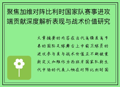 聚焦加维对阵比利时国家队赛事进攻端贡献深度解析表现与战术价值研究